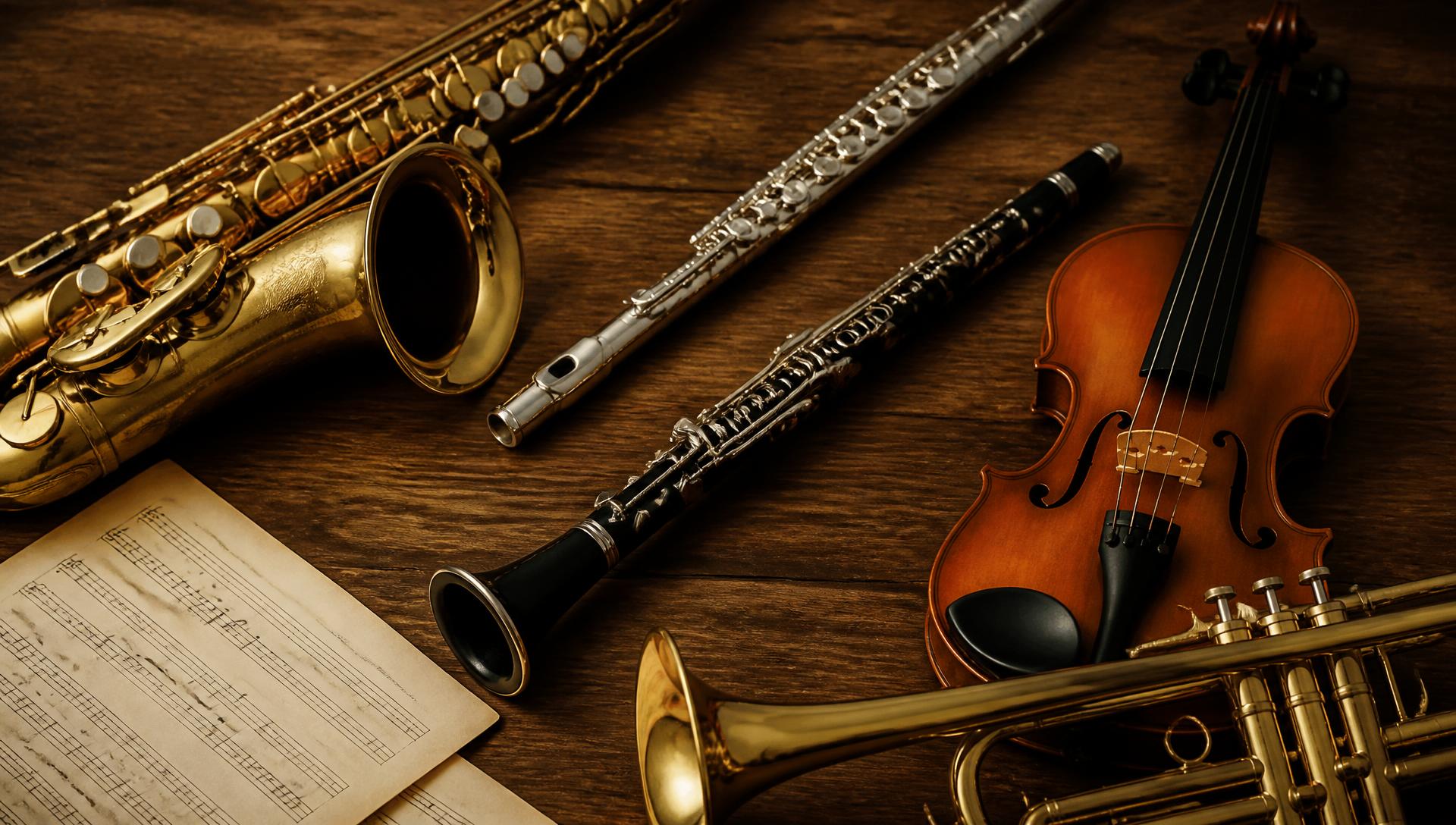 Flat-lay of beginner band and orchestra instruments: saxophone, flute, clarinet, violin and trumpet